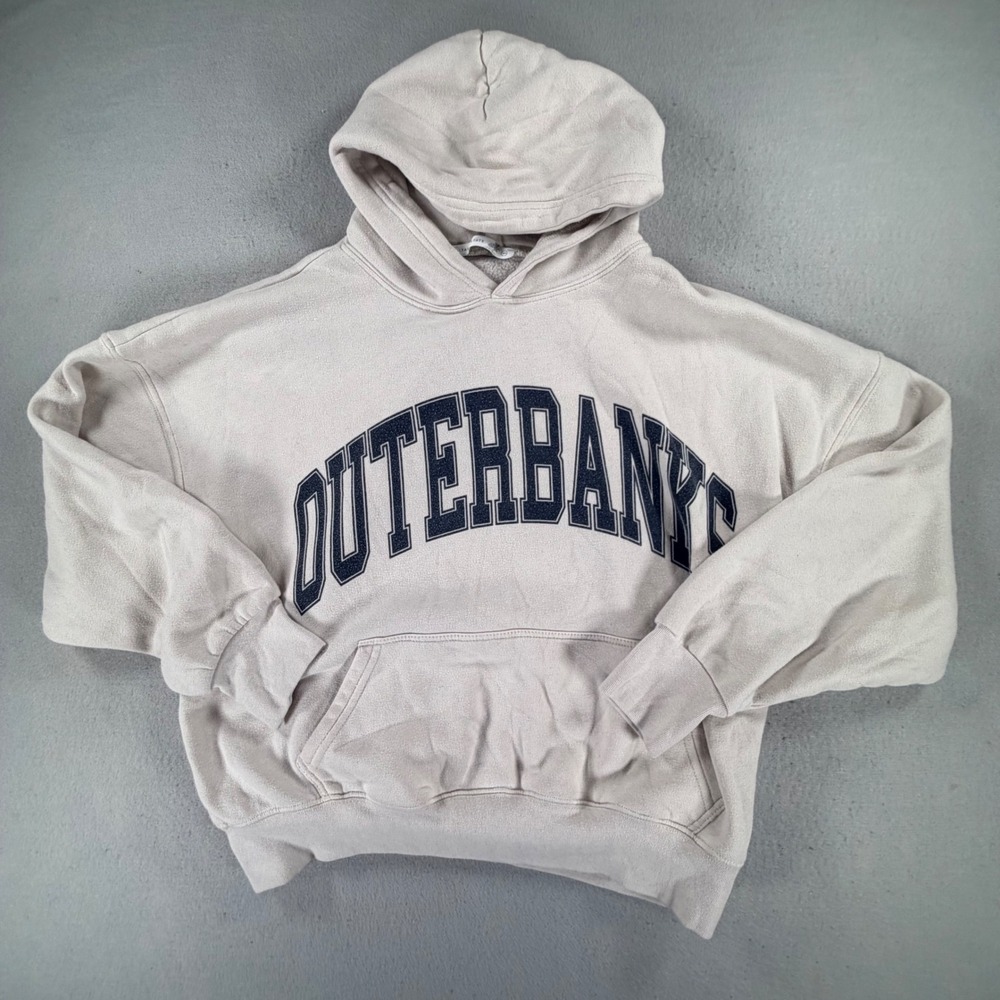 Outer Banks NC Graphic Hoodie Sweatshirt Cream Tan Oversized Unisex Large OBX